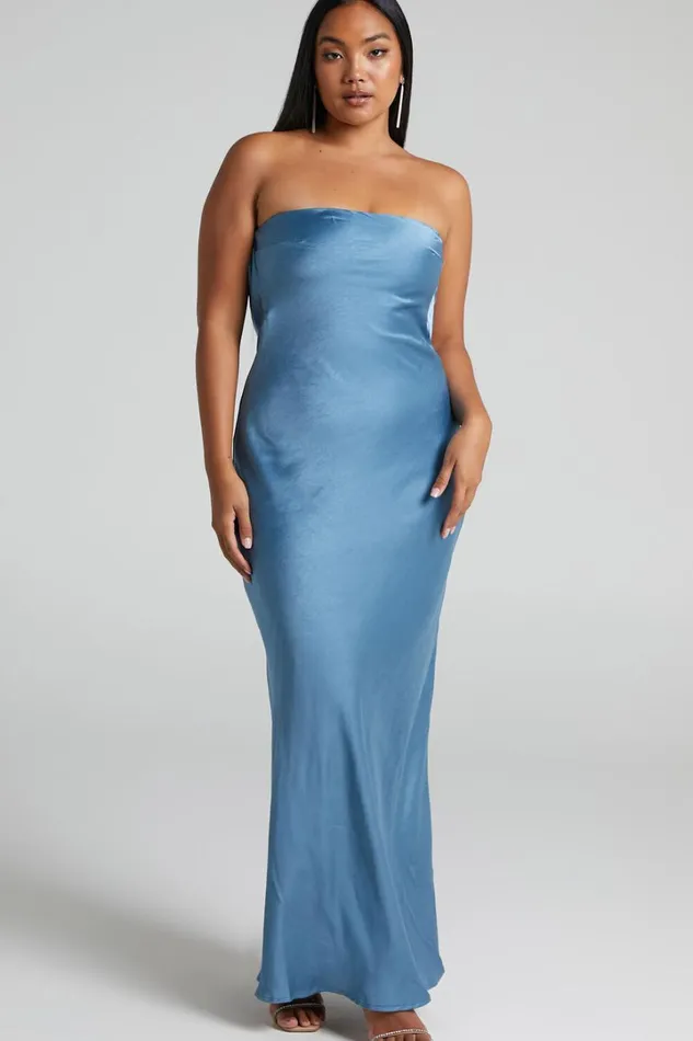Charlita Maxi Dress 8211 Strapless Cowl Back Satin Dress In Steel Blue Women Showpo Dresses