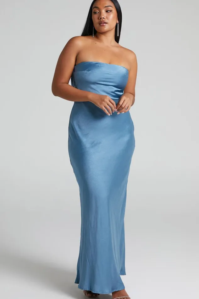 Charlita Maxi Dress 8211 Strapless Cowl Back Satin Dress In Steel Blue Women Showpo Dresses
