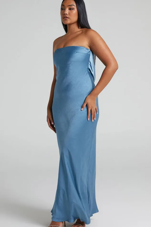 Charlita Maxi Dress 8211 Strapless Cowl Back Satin Dress In Steel Blue Women Showpo Dresses