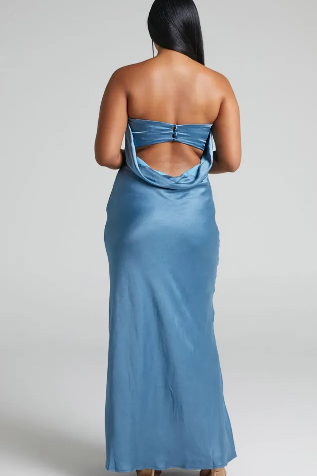 Charlita Maxi Dress 8211 Strapless Cowl Back Satin Dress In Steel Blue Women Showpo Dresses