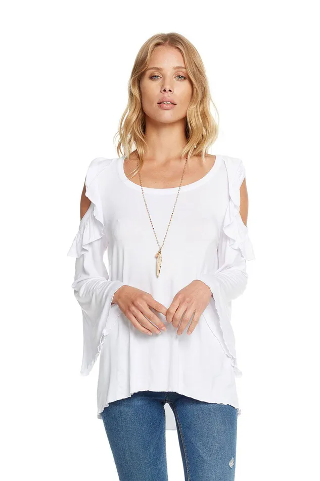 Chaser Brand Loungewear Womens COOL JERSEY BELL SLEEVE COLD SHOULDER RUFFLE TEE
