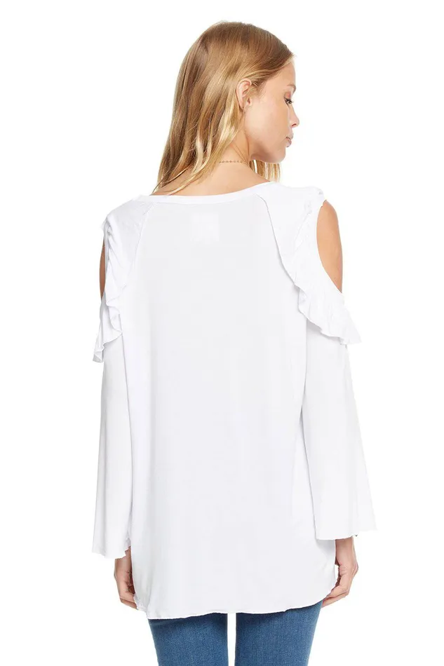 Chaser Brand Loungewear Womens COOL JERSEY BELL SLEEVE COLD SHOULDER RUFFLE TEE