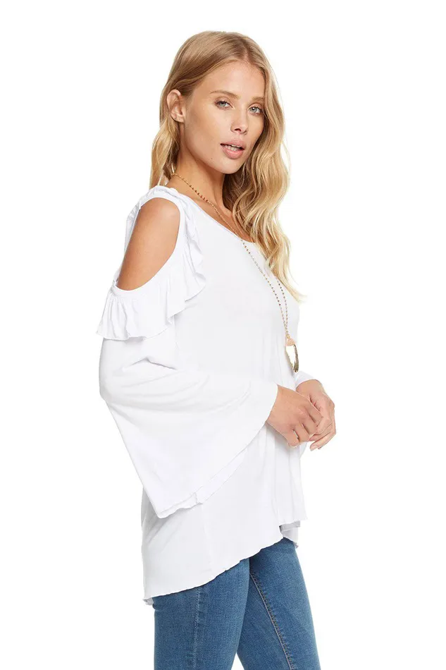 Chaser Brand Loungewear Womens COOL JERSEY BELL SLEEVE COLD SHOULDER RUFFLE TEE