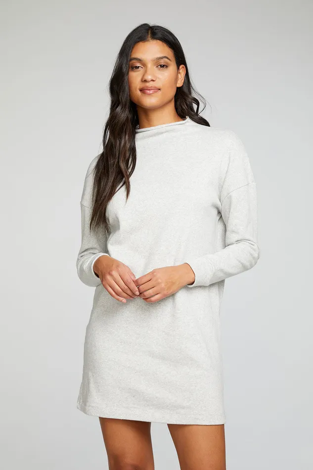 Chaser Brand Loungewear Womens Cotton Fleece Long Sleeve Drop Shoulder Mock Neck Mini Dress