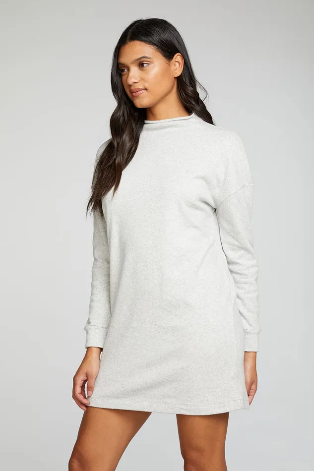 Chaser Brand Loungewear Womens Cotton Fleece Long Sleeve Drop Shoulder Mock Neck Mini Dress