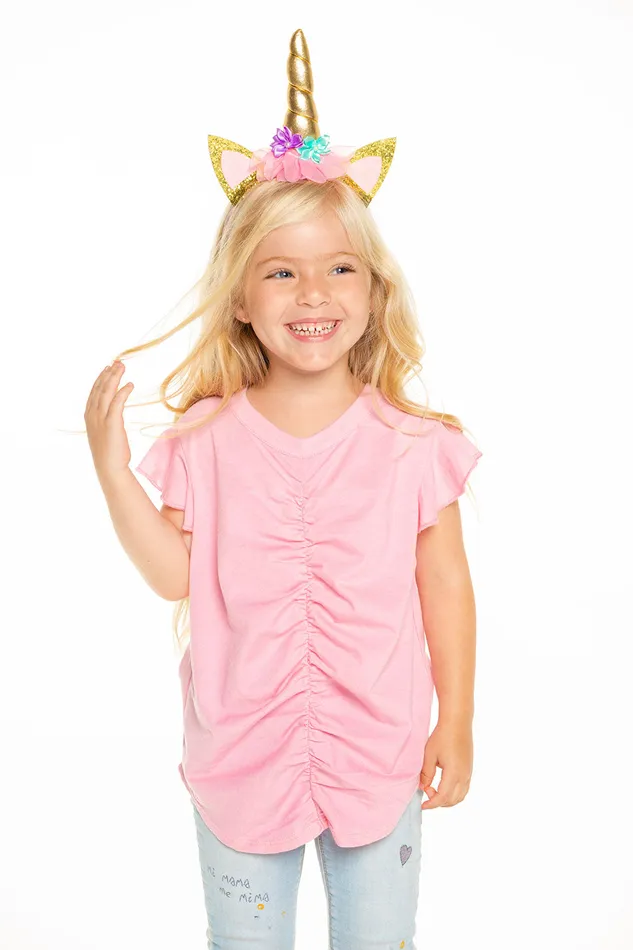 Chaser Brand Tops Girls Recycled Vintage Jersey Shirred Flutter Sleeve Tee in Carnation Pink