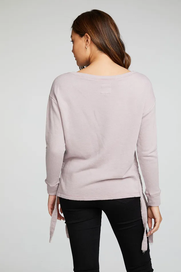 Chaser Brand Tops Womens Linen French Terry Long Sleeve Drop Shoulder Side Tie Pullover