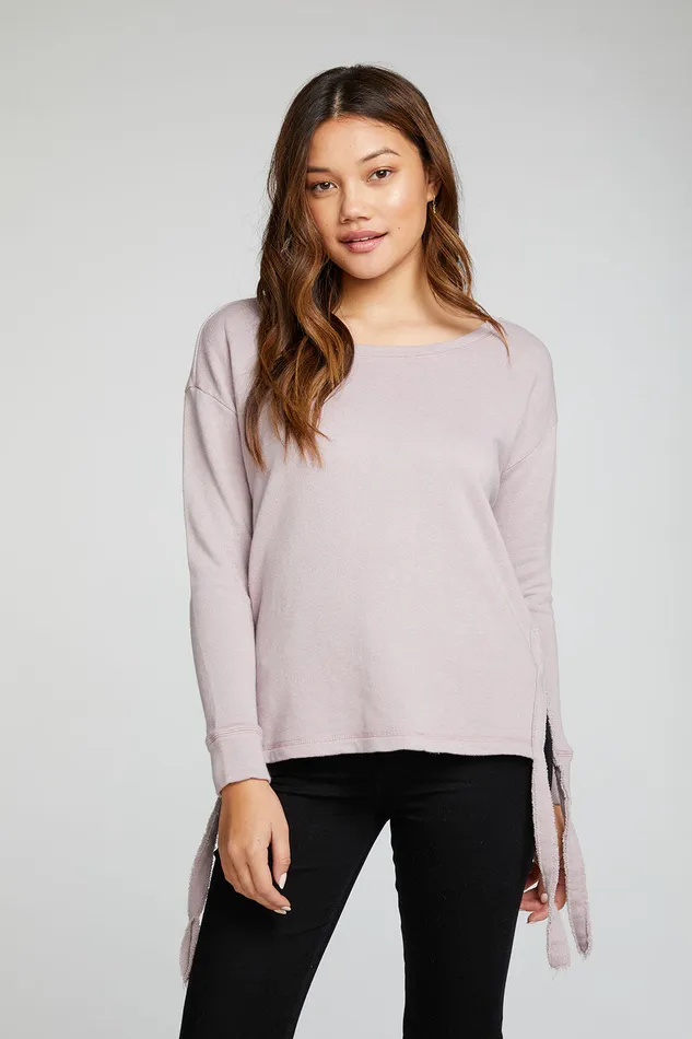 Chaser Brand Tops Womens Linen French Terry Long Sleeve Drop Shoulder Side Tie Pullover