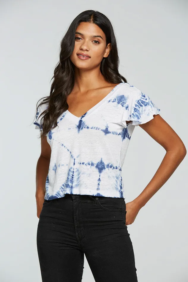 Chaser Brand Tops Womens Linen Jersey Flutter Sleeve Double V Neck Tee