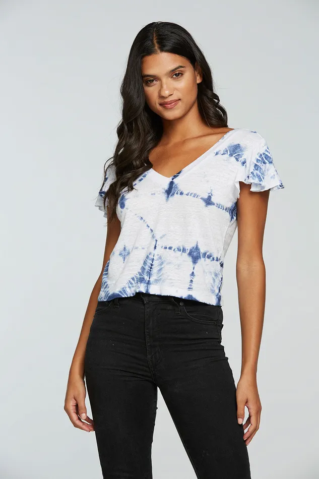 Chaser Brand Tops Womens Linen Jersey Flutter Sleeve Double V Neck Tee