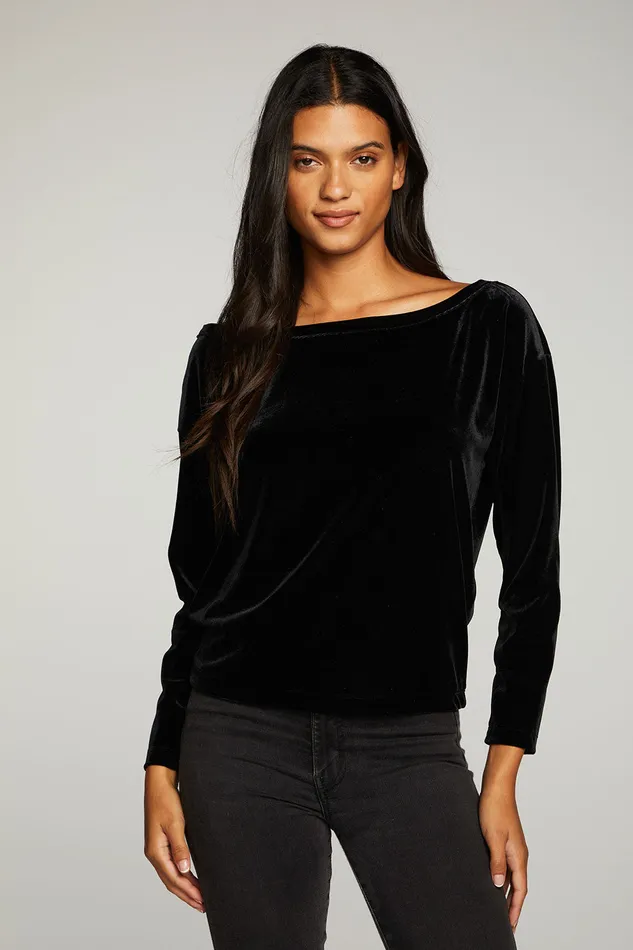 Chaser Brand Tops Womens Stretch Velvet Long Sleeve Off Shoulder Dolman Pullover