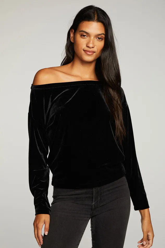 Chaser Brand Tops Womens Stretch Velvet Long Sleeve Off Shoulder Dolman Pullover