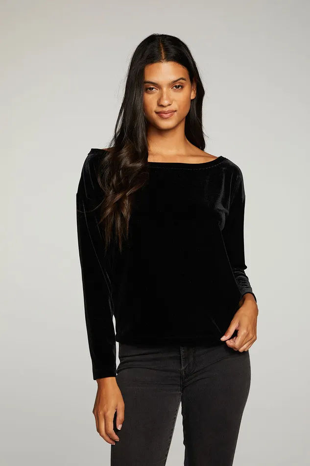 Chaser Brand Tops Womens Stretch Velvet Long Sleeve Off Shoulder Dolman Pullover
