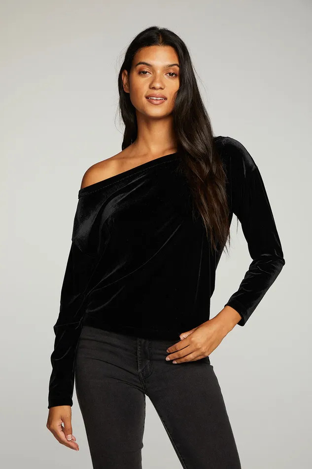 Chaser Brand Tops Womens Stretch Velvet Long Sleeve Off Shoulder Dolman Pullover
