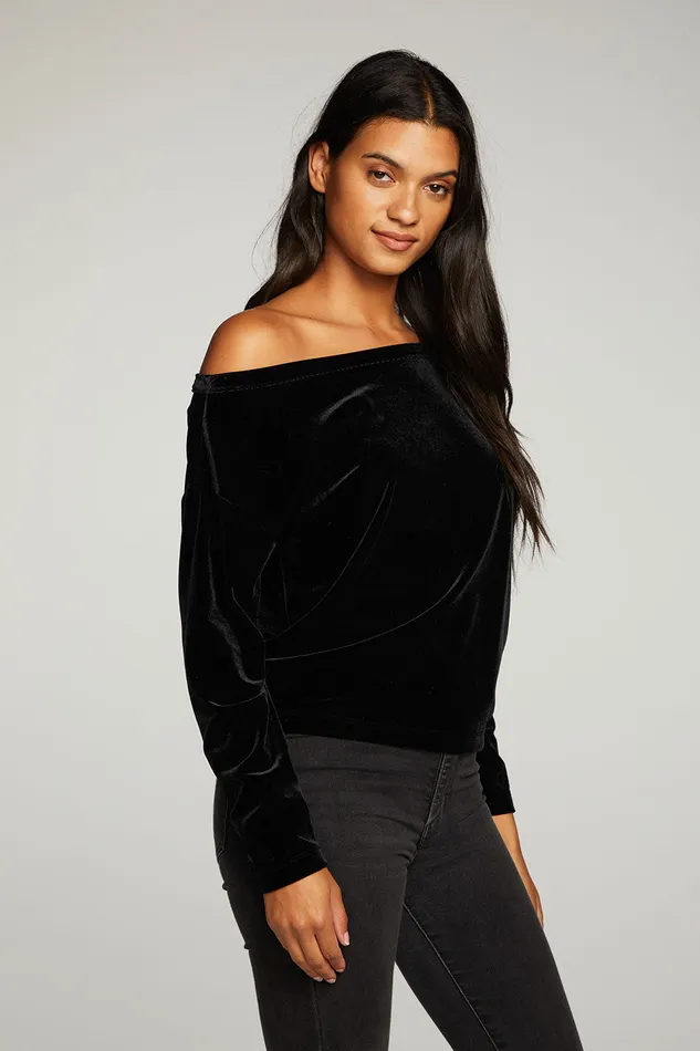 Chaser Brand Tops Womens Stretch Velvet Long Sleeve Off Shoulder Dolman Pullover
