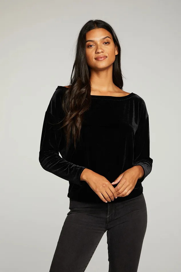 Chaser Brand Tops Womens Stretch Velvet Long Sleeve Off Shoulder Dolman Pullover