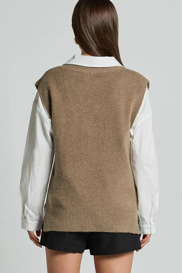 Chenelle Top 8211 Sleeveless Knit Sweater Vest In Biscuit Women Showpo Knitwear