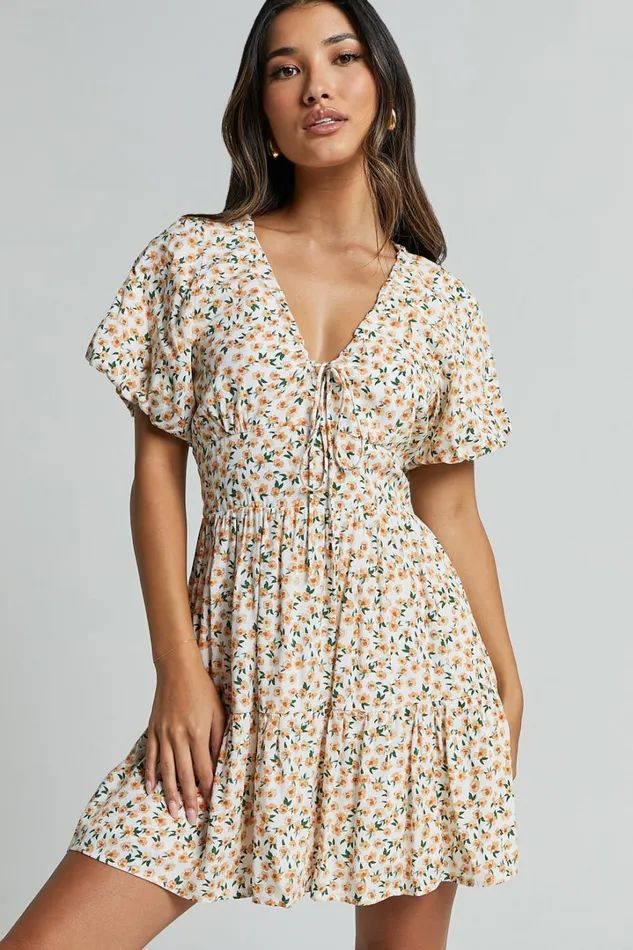 Chetana Mini Dress 8211 Tie Front Short Sleeve Tiered Dress In White And Yellow Floral Women Showpo Dresses Chetana Mini Dress 8211 Tie Front Short Sleeve Tiered Dress In White And Yellow Floral Women Showpo Dresses
