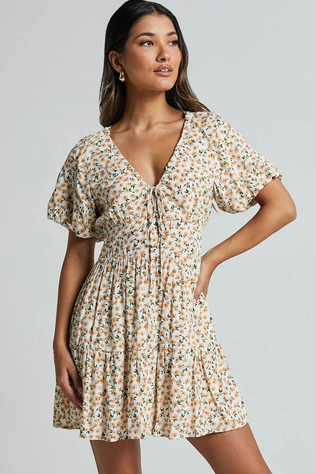 Chetana Mini Dress 8211 Tie Front Short Sleeve Tiered Dress In White And Yellow Floral Women Showpo Dresses