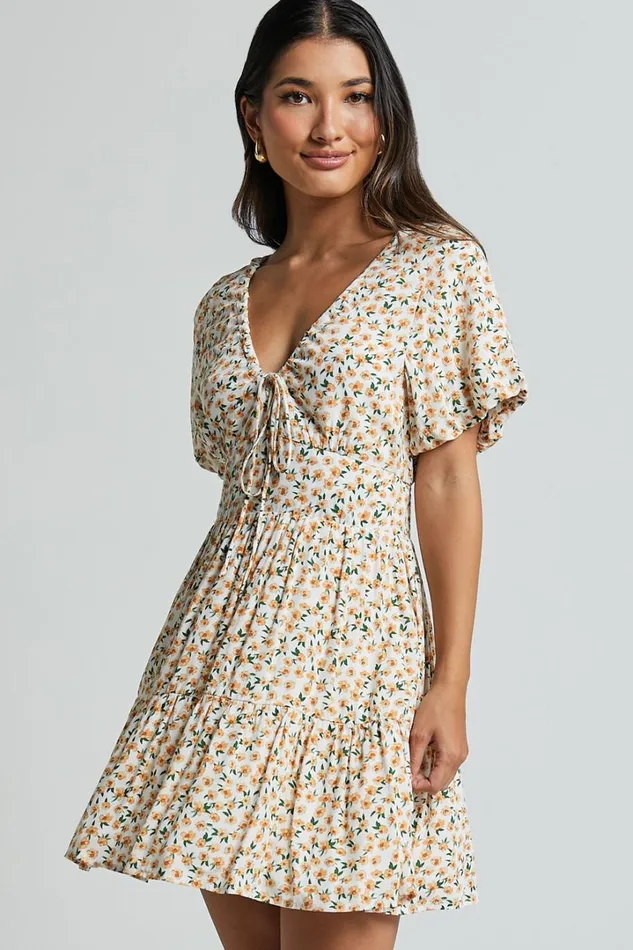 Chetana Mini Dress 8211 Tie Front Short Sleeve Tiered Dress In White And Yellow Floral Women Showpo Dresses