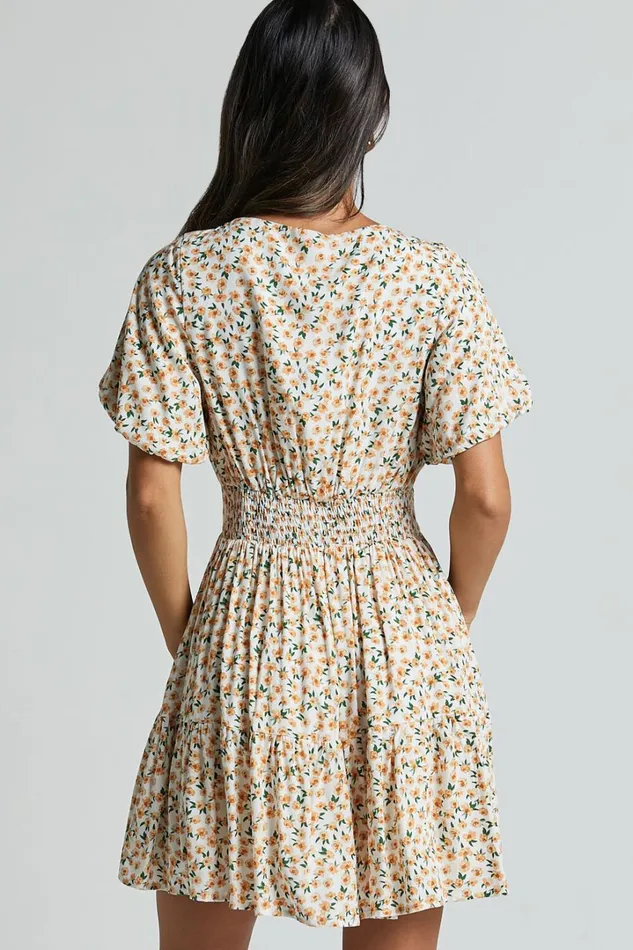 Chetana Mini Dress 8211 Tie Front Short Sleeve Tiered Dress In White And Yellow Floral Women Showpo Dresses
