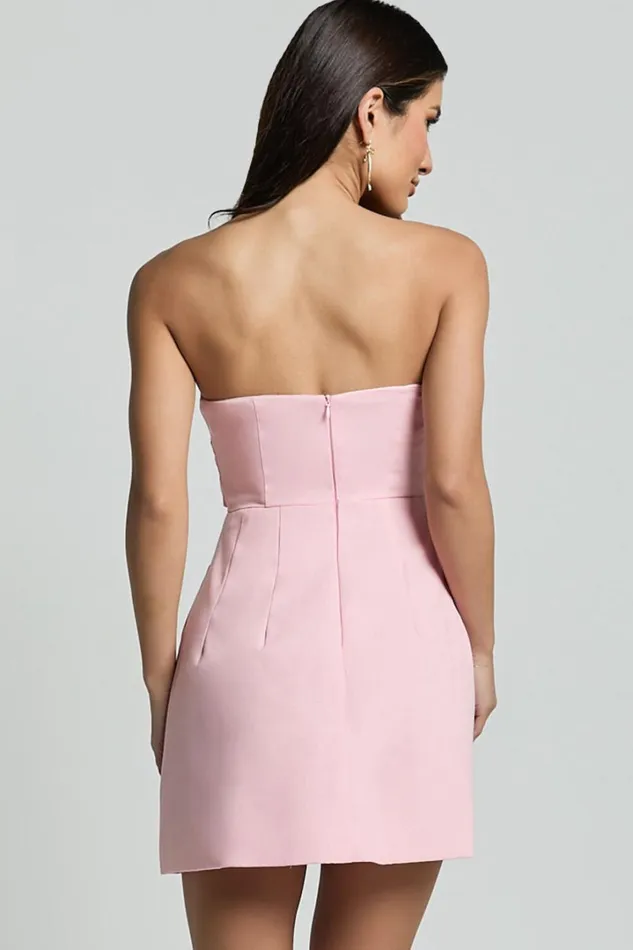Chika Mini Dress 8211 Linen Look Strapless Front Bow Dress In Soft Pink Women Showpo Conscious