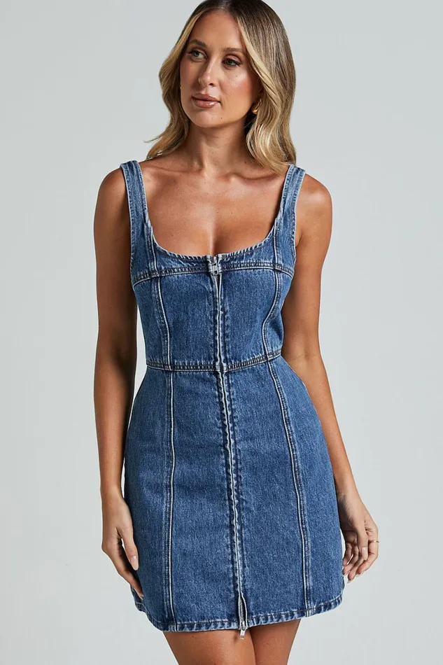 Chrysoula Mini Dress 8211 Square Neck Zip Front Sleeveless Bodycon Denim In Mid Blue Wash Women Showpo Denim