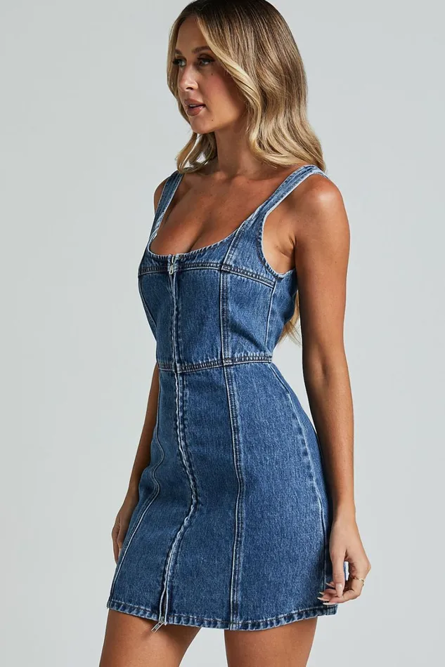 Chrysoula Mini Dress 8211 Square Neck Zip Front Sleeveless Bodycon Denim In Mid Blue Wash Women Showpo Denim