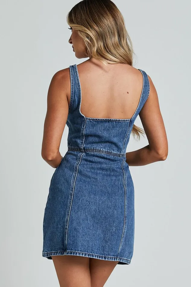 Chrysoula Mini Dress 8211 Square Neck Zip Front Sleeveless Bodycon Denim In Mid Blue Wash Women Showpo Denim