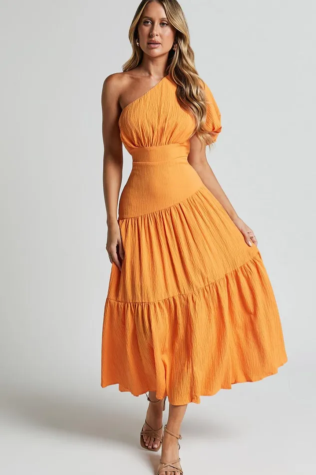 Ciara Midi Dress 8211 One Shoulder Short Puff Sleeve Tiered Dress In Mango Women Showpo Dresses Ciara Midi Dress 8211 One Shoulder Short Puff Sleeve Tiered Dress In Mango Women Showpo Dresses