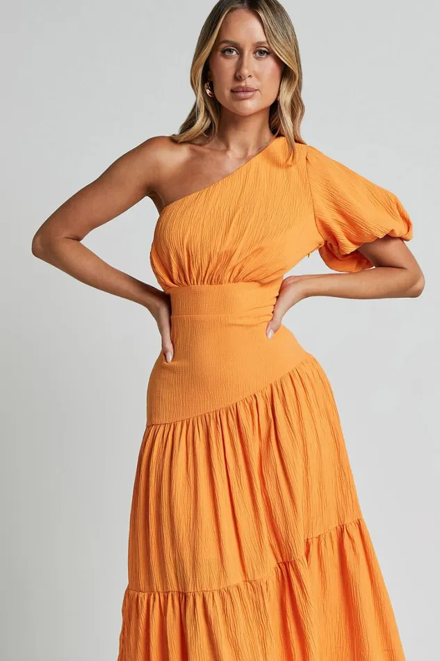 Ciara Midi Dress 8211 One Shoulder Short Puff Sleeve Tiered Dress In Mango Women Showpo Dresses