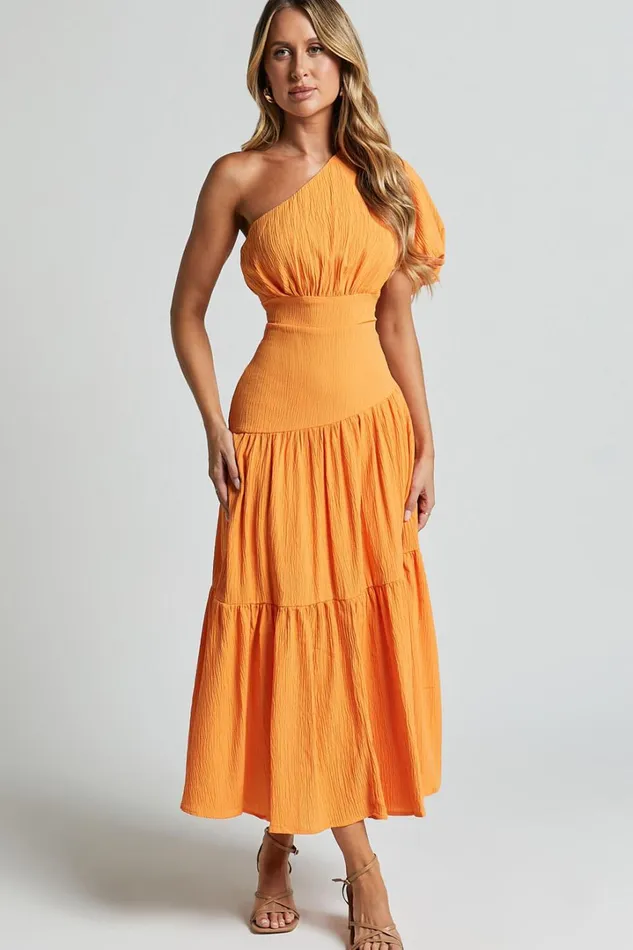 Ciara Midi Dress 8211 One Shoulder Short Puff Sleeve Tiered Dress In Mango Women Showpo Dresses