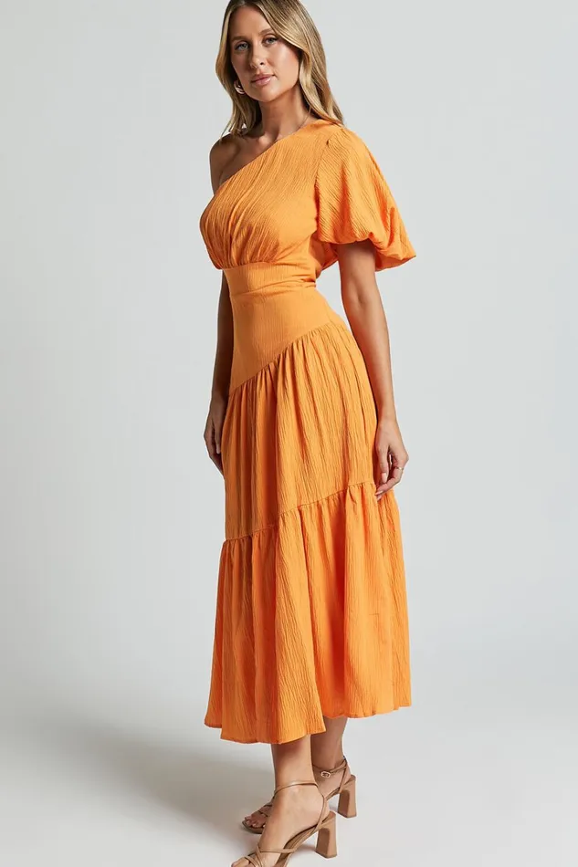 Ciara Midi Dress 8211 One Shoulder Short Puff Sleeve Tiered Dress In Mango Women Showpo Dresses