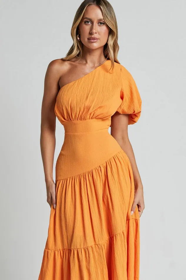 Ciara Midi Dress 8211 One Shoulder Short Puff Sleeve Tiered Dress In Mango Women Showpo Dresses