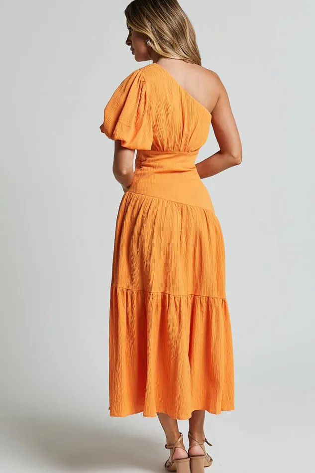 Ciara Midi Dress 8211 One Shoulder Short Puff Sleeve Tiered Dress In Mango Women Showpo Dresses
