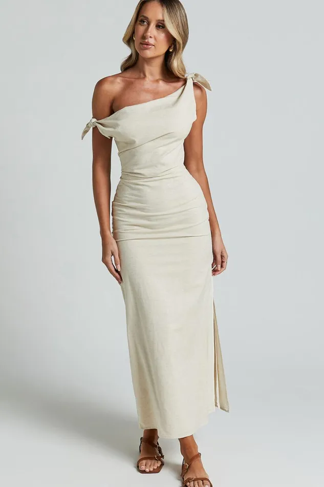 Cincinnati Midi Dress 8211 Off The Shoulder Side Split Column Linen Look Dress In Beige Women Showpo Curve Clothes
