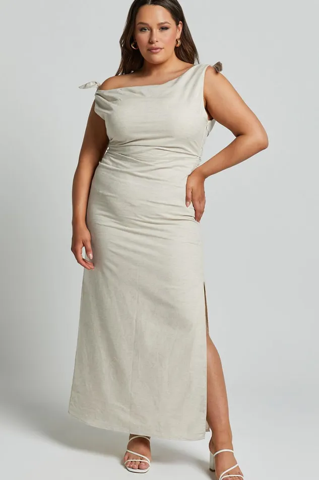 Cincinnati Midi Dress 8211 Off The Shoulder Side Split Column Linen Look Dress In Beige Women Showpo Curve Clothes