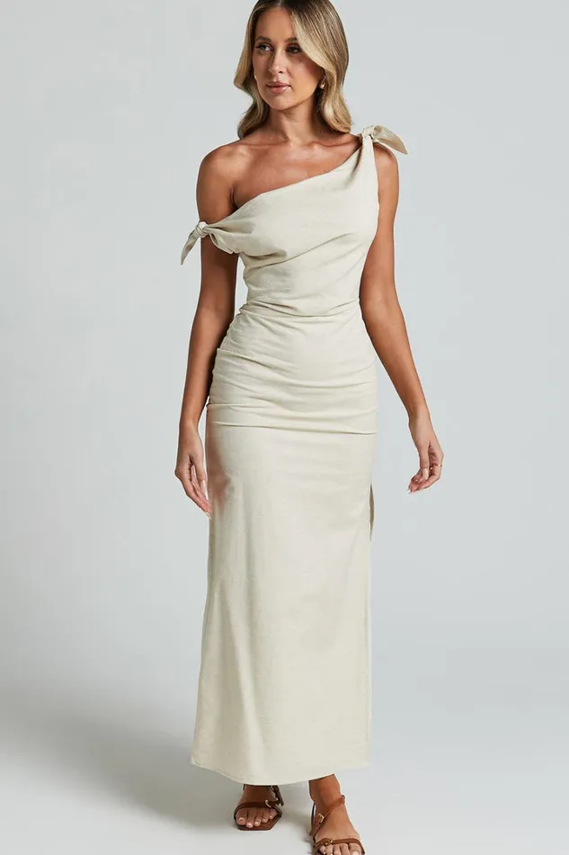 Cincinnati Midi Dress 8211 Off The Shoulder Side Split Column Linen Look Dress In Beige Women Showpo Curve Clothes