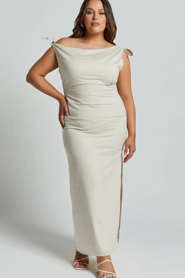 Cincinnati Midi Dress 8211 Off The Shoulder Side Split Column Linen Look Dress In Beige Women Showpo Curve Clothes