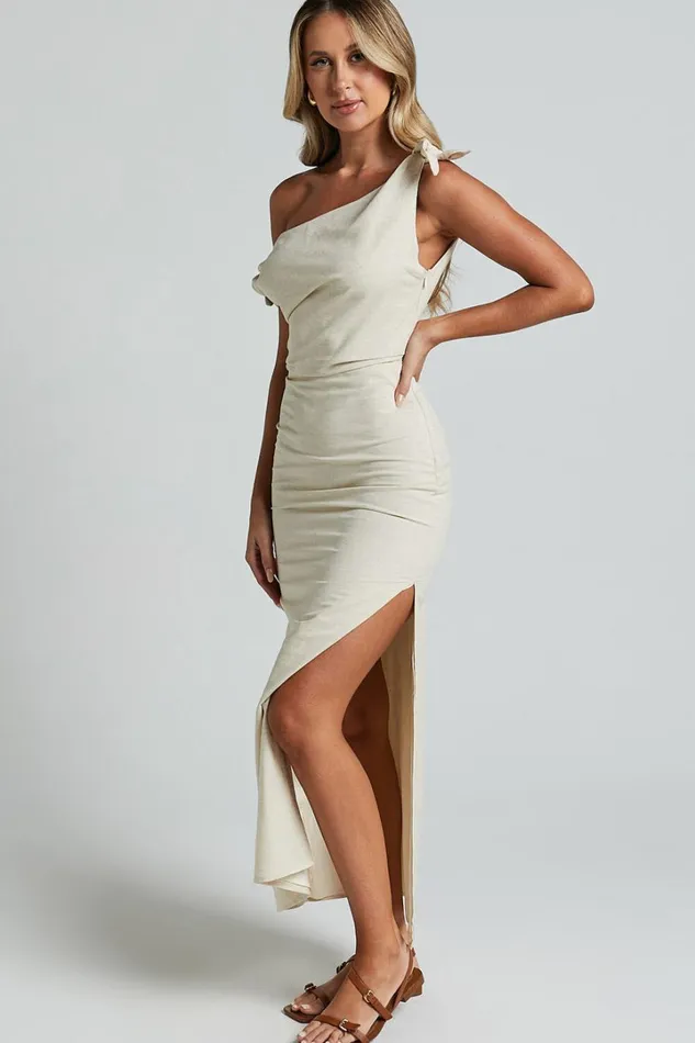 Cincinnati Midi Dress 8211 Off The Shoulder Side Split Column Linen Look Dress In Beige Women Showpo Curve Clothes