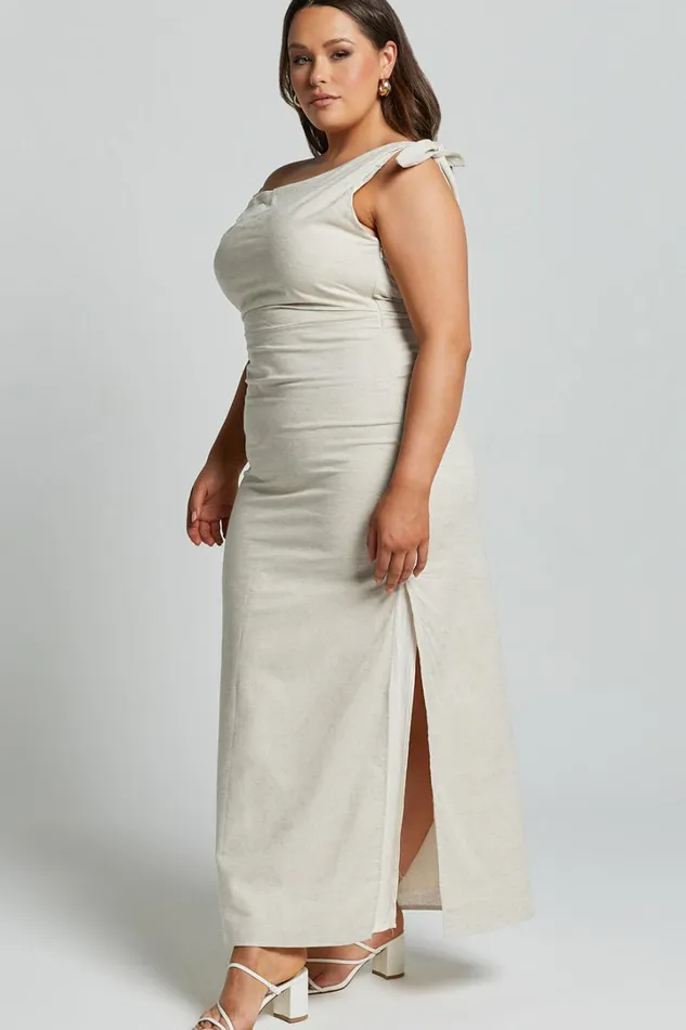 Cincinnati Midi Dress 8211 Off The Shoulder Side Split Column Linen Look Dress In Beige Women Showpo Curve Clothes