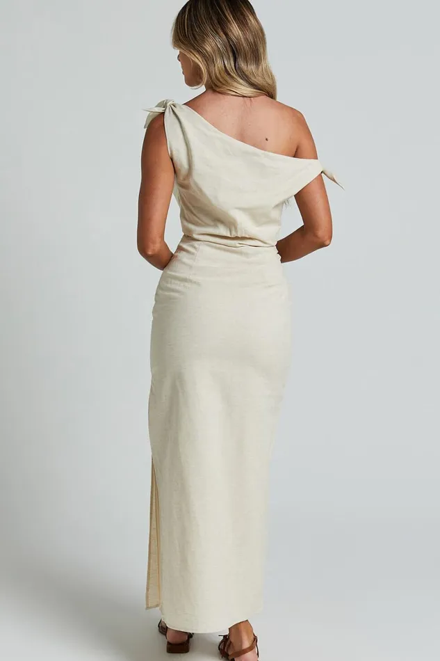 Cincinnati Midi Dress 8211 Off The Shoulder Side Split Column Linen Look Dress In Beige Women Showpo Curve Clothes