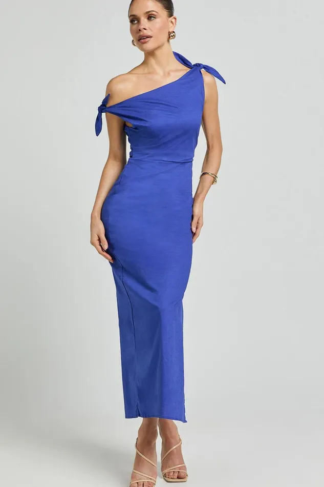 Cincinnati Midi Dress 8211 Off The Shoulder Side Split Column Linen Look Dress In Cobalt Women Showpo Dresses