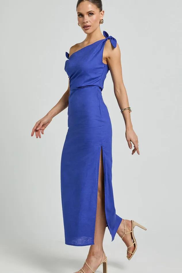 Cincinnati Midi Dress 8211 Off The Shoulder Side Split Column Linen Look Dress In Cobalt Women Showpo Dresses