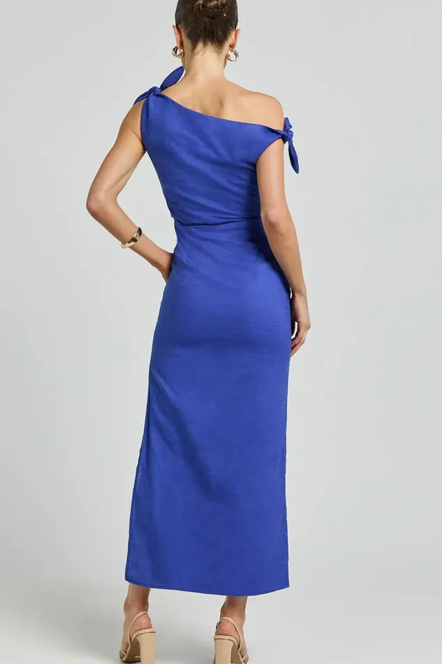 Cincinnati Midi Dress 8211 Off The Shoulder Side Split Column Linen Look Dress In Cobalt Women Showpo Dresses