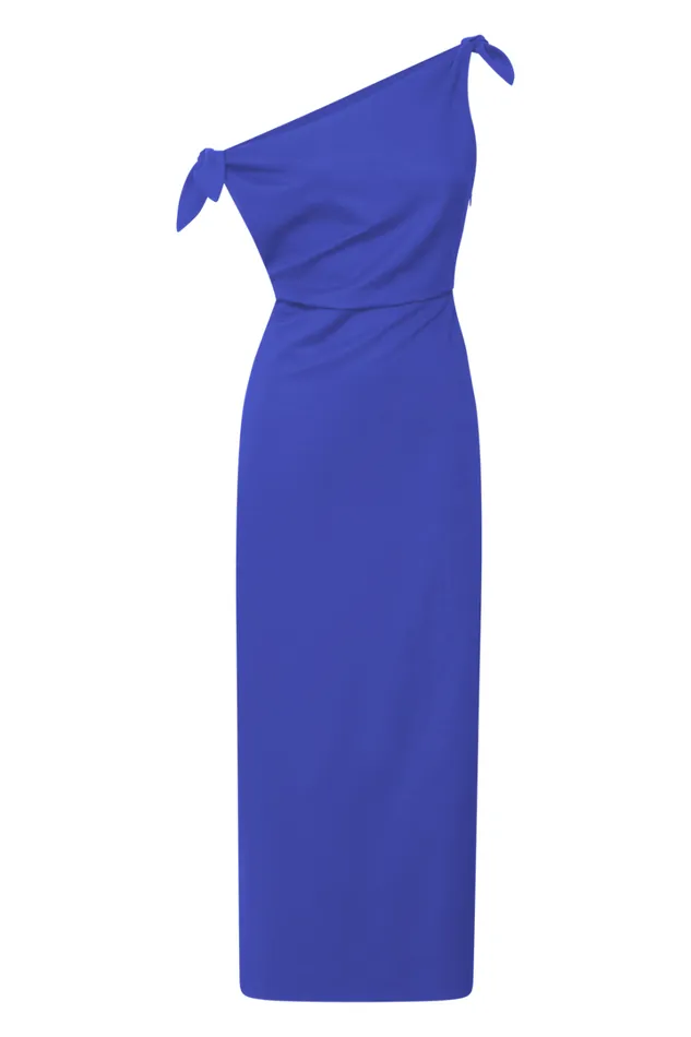 Cincinnati Midi Dress 8211 Off The Shoulder Side Split Column Linen Look Dress In Cobalt Women Showpo Dresses