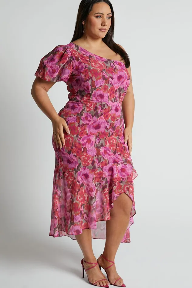 Clabelle Midi Dress 8211 One Shoulder Ruffle Tulip Hem Dress In Violette Blur Floral Women Showpo Curve Clothes