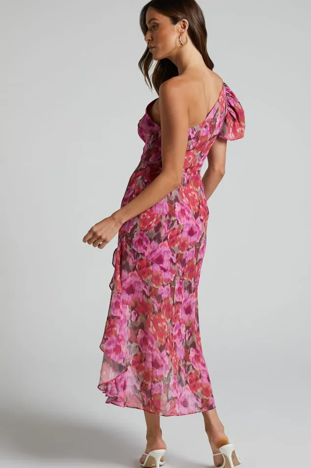 Clabelle Midi Dress 8211 One Shoulder Ruffle Tulip Hem Dress In Violette Blur Floral Women Showpo Curve Clothes