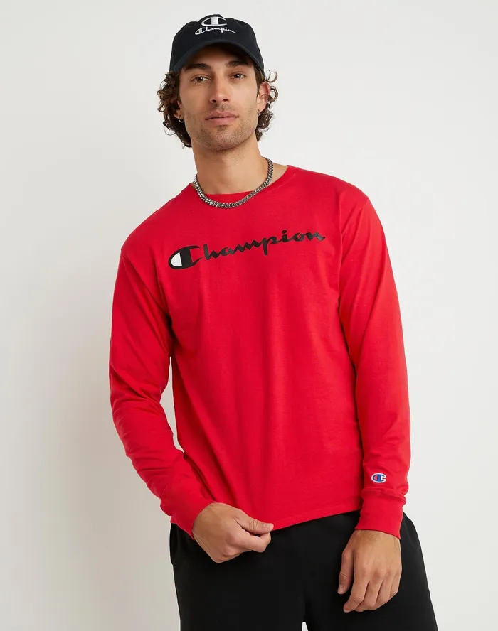 Classic Graphic LongSleeve TShirt Screenprint Script Logo Scarlet Men Champion TShirts and Tops