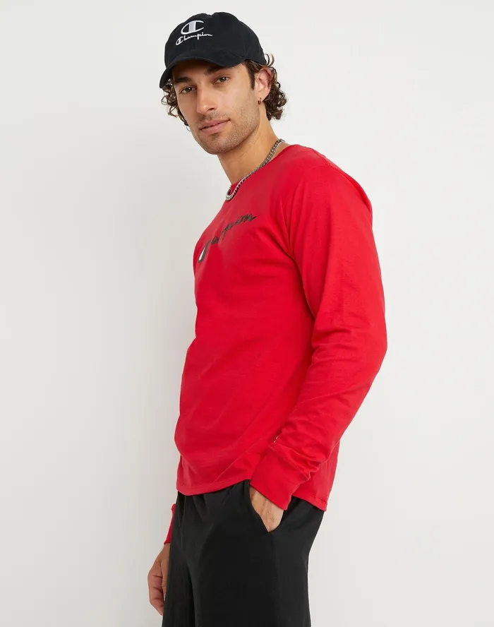 Classic Graphic LongSleeve TShirt Screenprint Script Logo Scarlet Men Champion TShirts and Tops